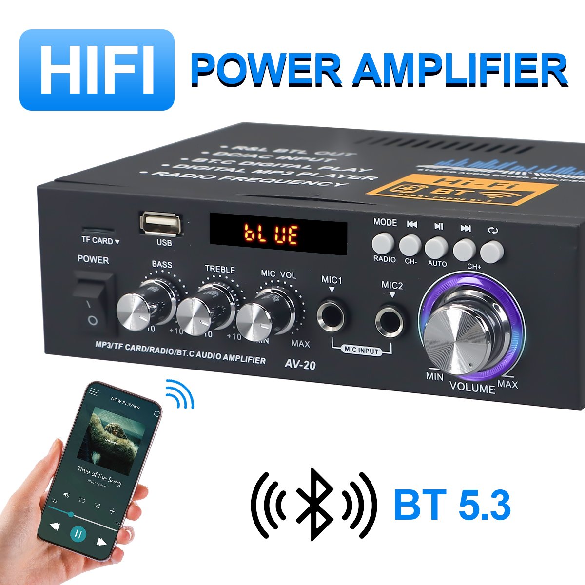 VIRE HI-FI Bluetooth Audio Mini Car Amp Dual Channel Mic Input Home Karaoke Stereo Professional Audio Amplifier