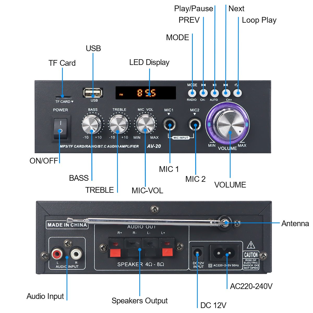 VIRE HI-FI Bluetooth Audio Mini Car Amp Dual Channel Mic Input Home Karaoke Stereo Professional Audio Amplifier