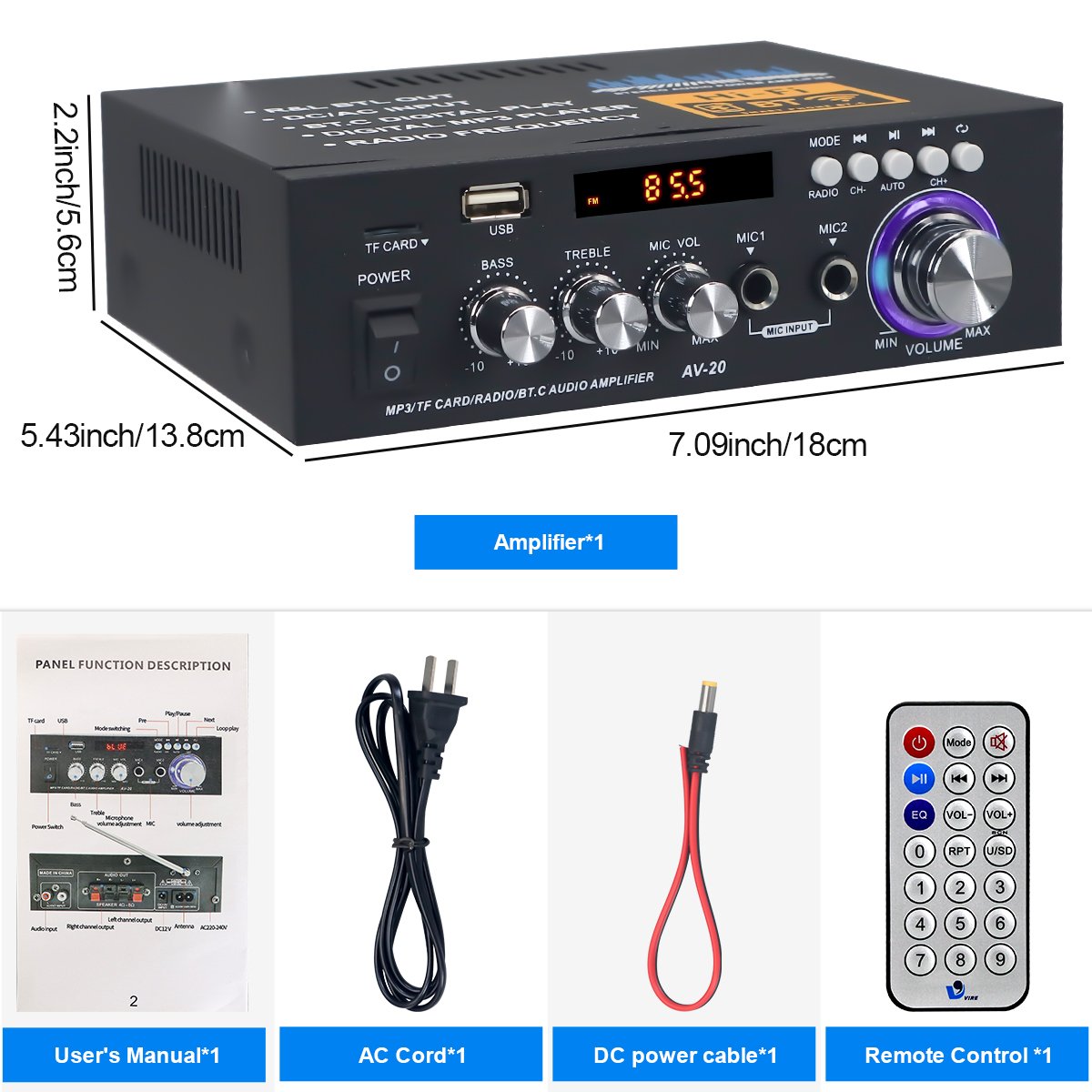 VIRE HI-FI Bluetooth Audio Mini Car Amp Dual Channel Mic Input Home Karaoke Stereo Professional Audio Amplifier