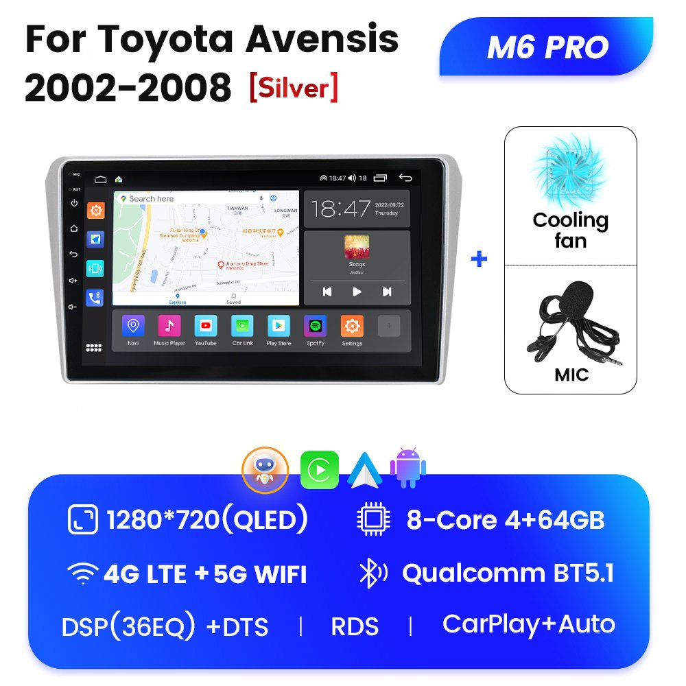M6 PRO Android 12 2K QLED Screen Smart Car Multimedia System for Toyota Avensis 2002-2008 Car Audio Set