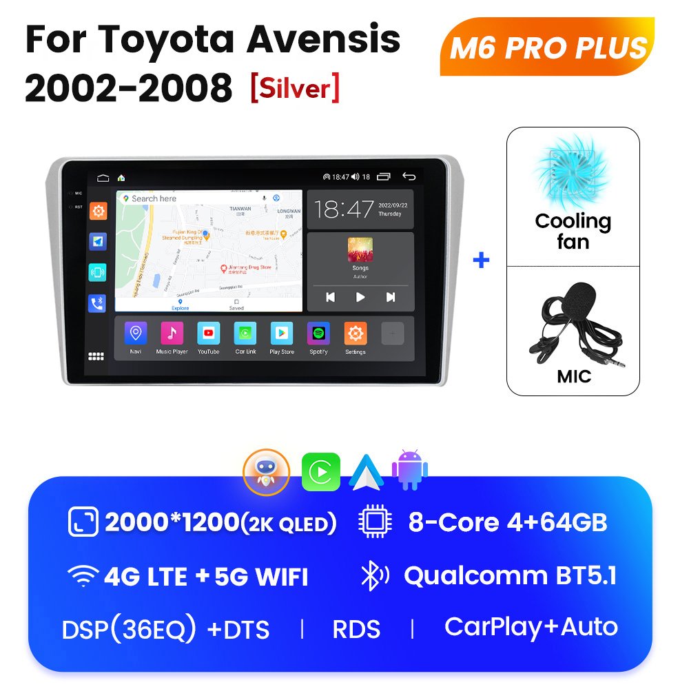 M6 PRO Android 12 2K QLED Screen Smart Car Multimedia System for Toyota Avensis 2002-2008 Car Audio Set