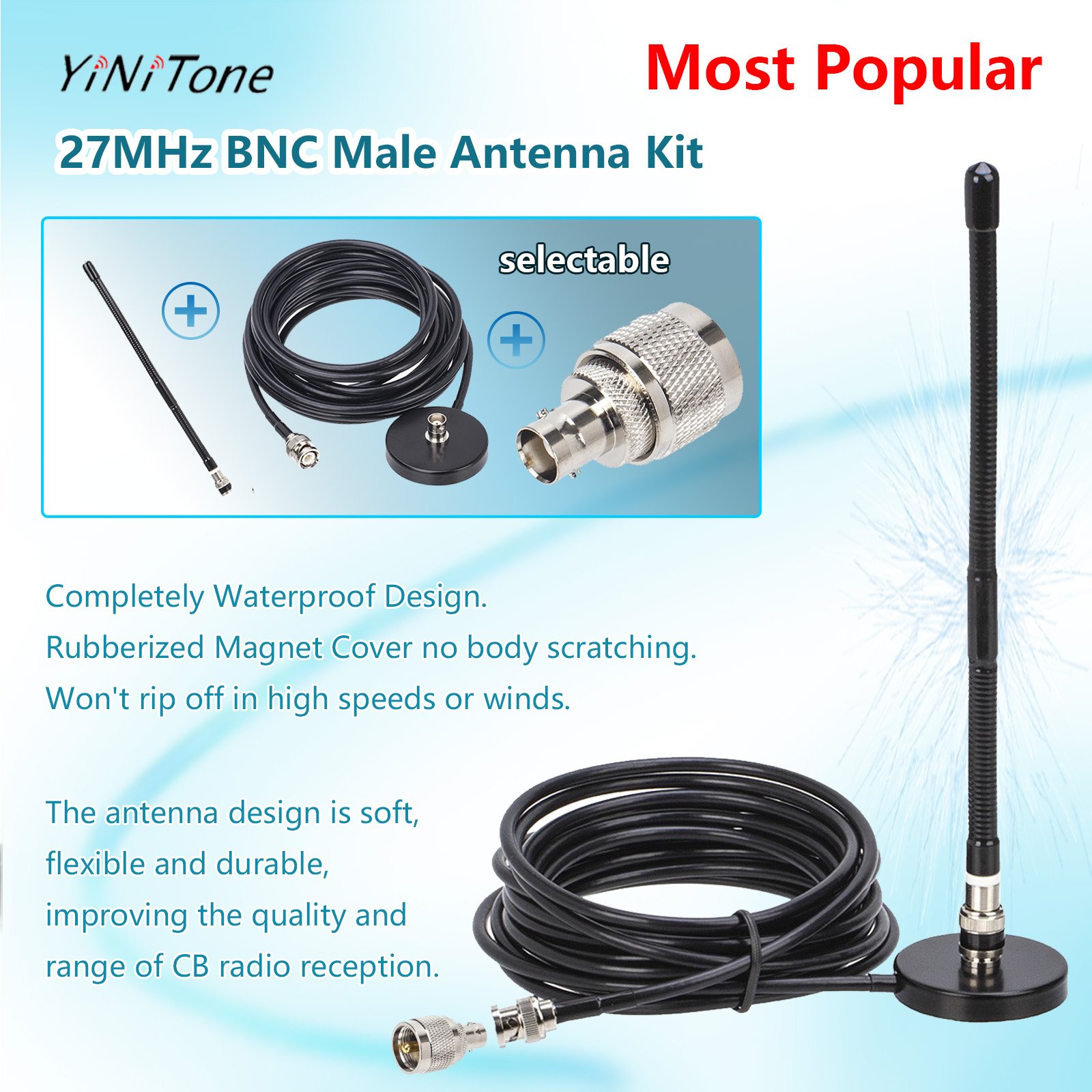 Long Range Soft Whip Antennae PL259/BNC Male Connector Set Magnetic Base Station Adapter CB Radio 27MHz Antenna Kit