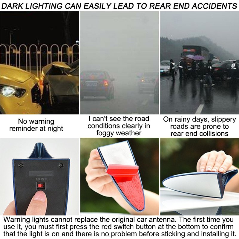 Car Solar Shark Fin Antenna Decoration, Anti Rear End Roof with Remote Warning Flashing Lights on the Tail Wing.