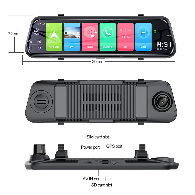 4G Dual Lens 1080p Car DVR 12'' Touchscreen Dash Cam with Wi-Fi GPS Navigation ADAS Android 8.1 Stream Media Rearview Mirror