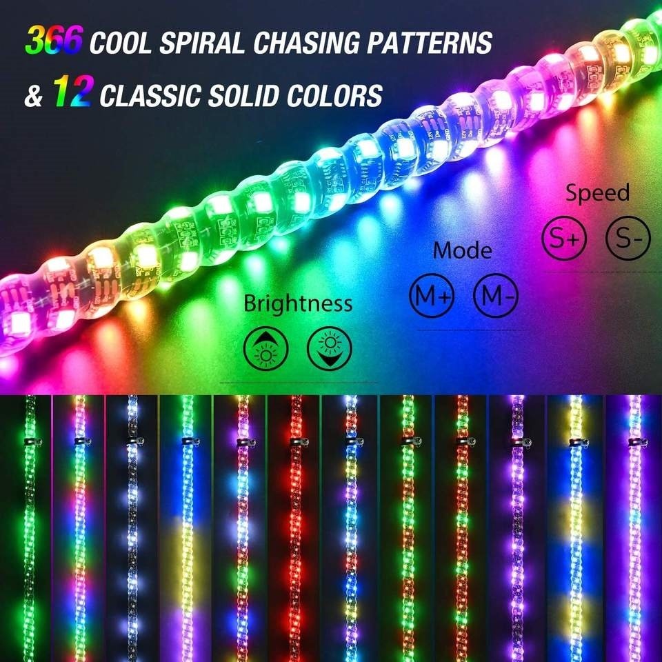 2ft 3ft 4ft 5ft 6ft Spiral RGB Led Tail Whips Buggy Warning Spring Antenna Led Whip Lights Flag for UTV ATV