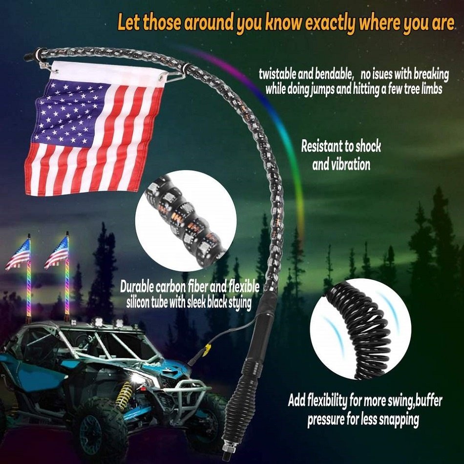 2ft 3ft 4ft 5ft 6ft Spiral RGB Led Tail Whips Buggy Warning Spring Antenna Led Whip Lights Flag for UTV ATV