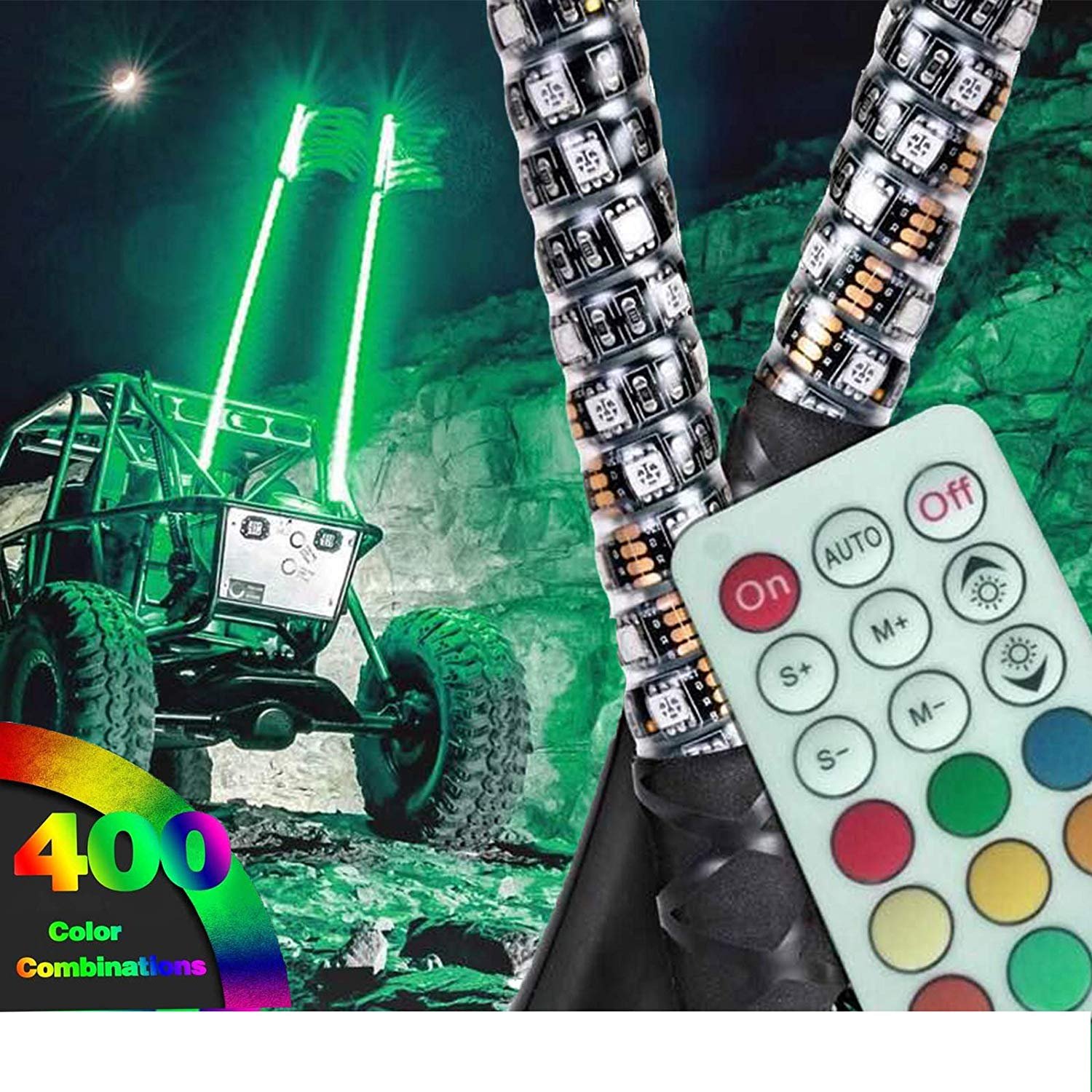 12V 3ft 5050RGB LED Whip Light Flagpole Lamp with Flag for Jeeep ATV UTV Motorcycle