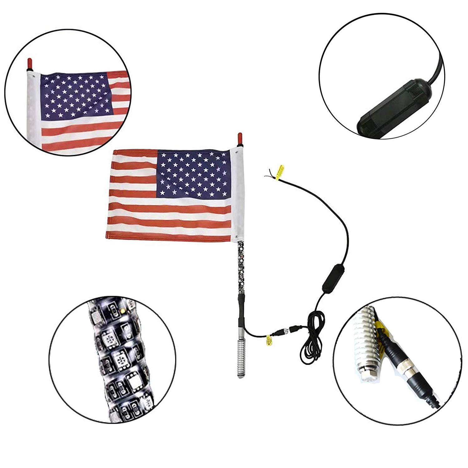 12V 3ft 5050RGB LED Whip Light Flagpole Lamp with Flag for Jeeep ATV UTV Motorcycle