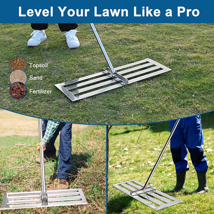 JH-Mech Lawn Leveller Easy to Level Soil Sand Surface Labor Saving Multi-Functional 30*10 Inch Rake for Leveling Lawn