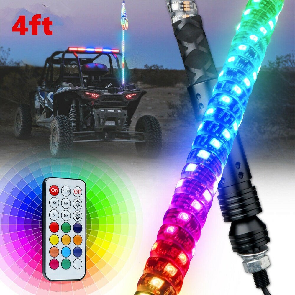 4FT Chasing Color Remote Control Spiral Whip Light Flag Antenna Safety Flag for ATV UTV SUV RZR Buggy