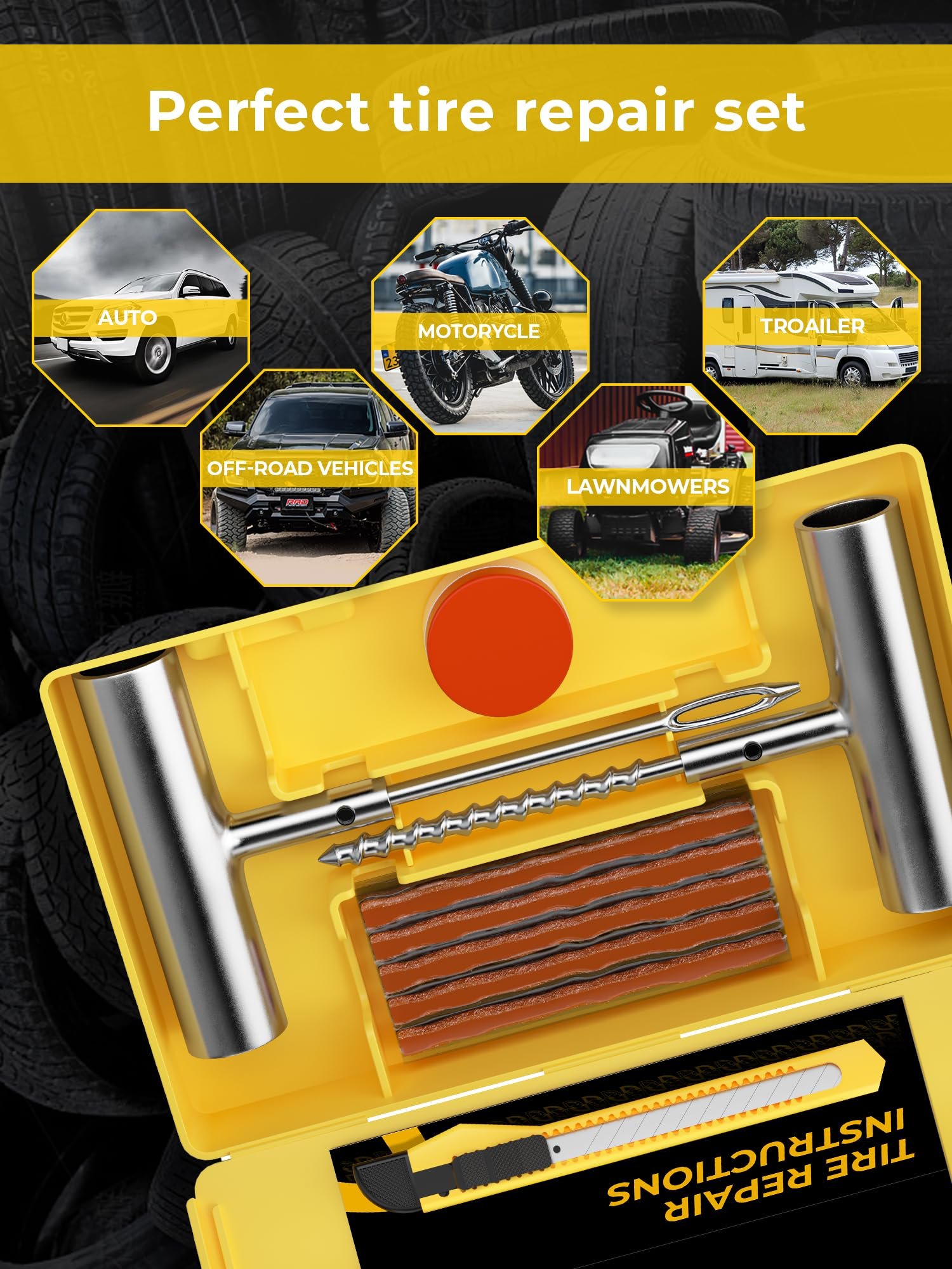 Tire Repair Kit with Plugs Fix Punctures & Plug Flats with Ease for Car, Motorcycle, ATV, UTV, RV, Trailer, Tractor, Jeep, Etc