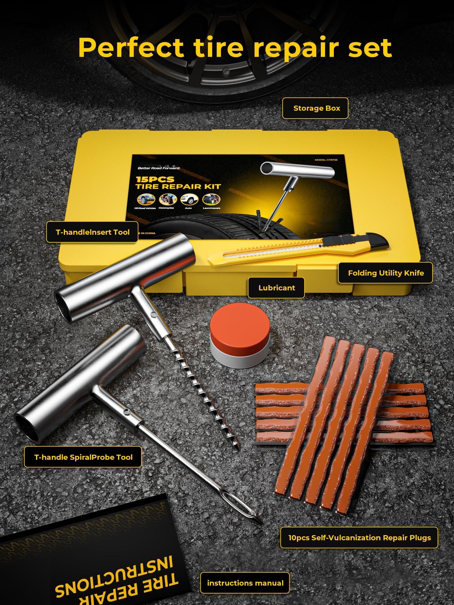 Tire Repair Kit with Plugs Fix Punctures & Plug Flats with Ease for Car, Motorcycle, ATV, UTV, RV, Trailer, Tractor, Jeep, Etc