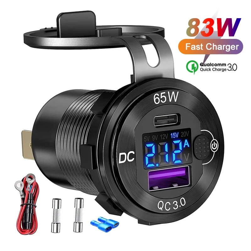 NEW 83W USB C Car Charger Socket Adapter 65W PD & QC3.0 Power Outlet W/ LED Voltmeter Switch for 12-24V Car Marine Motorcycle RV
