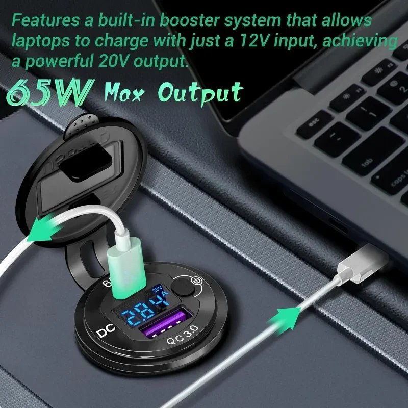 NEW 83W USB C Car Charger Socket Adapter 65W PD & QC3.0 Power Outlet W/ LED Voltmeter Switch for 12-24V Car Marine Motorcycle RV