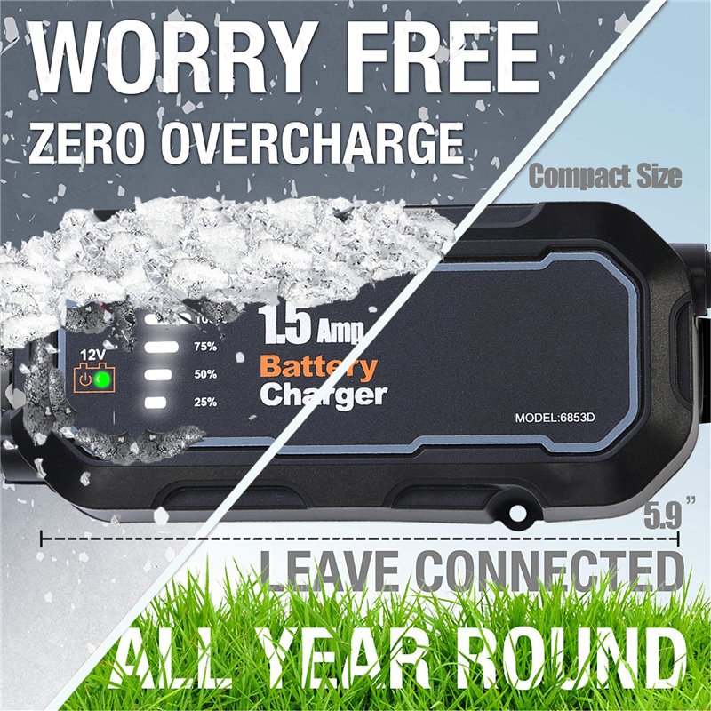 12V 1.5A Automatic Smart Motorcycle Battery Charger Maintainer for Car/RV/ATV/Boat Automatic Battery Trickle Charger With LED