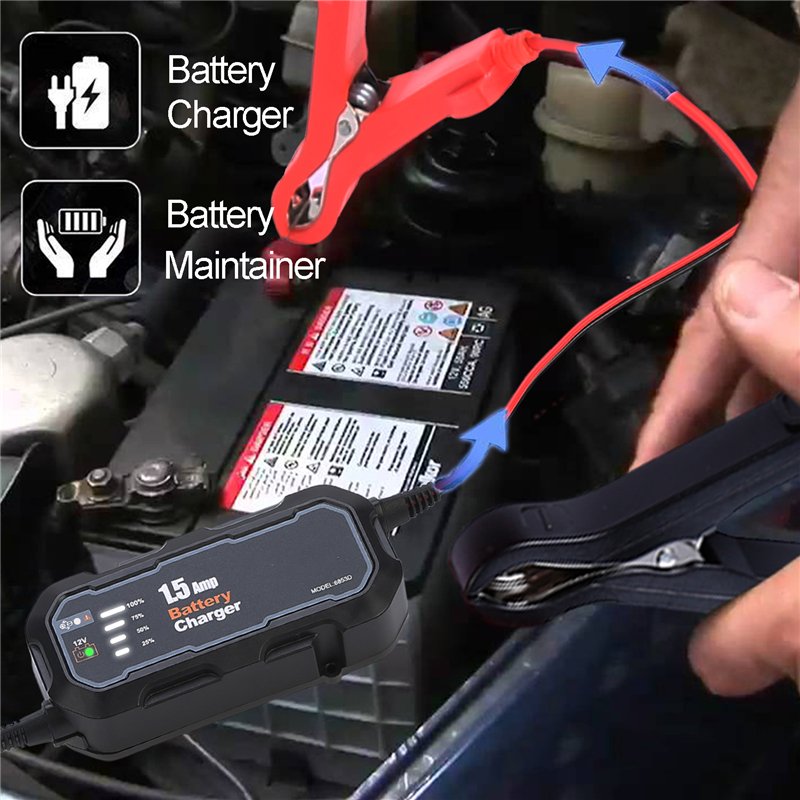 12V 1.5A Automatic Smart Motorcycle Battery Charger Maintainer for Car/RV/ATV/Boat Automatic Battery Trickle Charger With LED