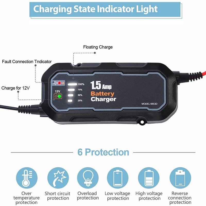 12V 1.5A Automatic Smart Motorcycle Battery Charger Maintainer for Car/RV/ATV/Boat Automatic Battery Trickle Charger With LED