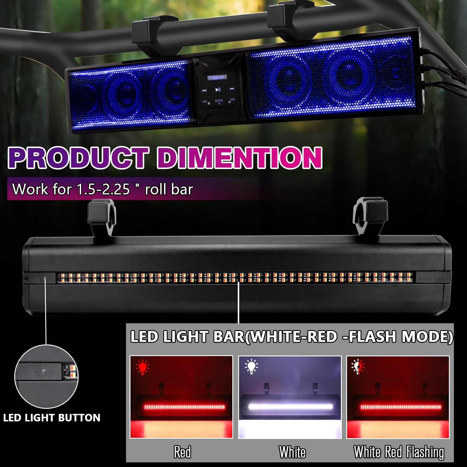 26" ATV UTV Sound Bar RGB COLOR 26 Inch Golf Cart Bluetooth Speaker Synchronize with Music beats