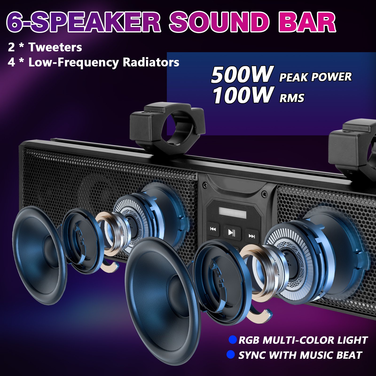26" ATV UTV Sound Bar RGB COLOR 26 Inch Golf Cart Bluetooth Speaker Synchronize with Music beats
