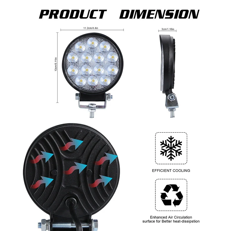 4 Inch 42W Round LED Work Light Spot Flood White Driving Fog Lamps for Truck Tractor Boat Trailer 4x4 Off-Road ATV SUV