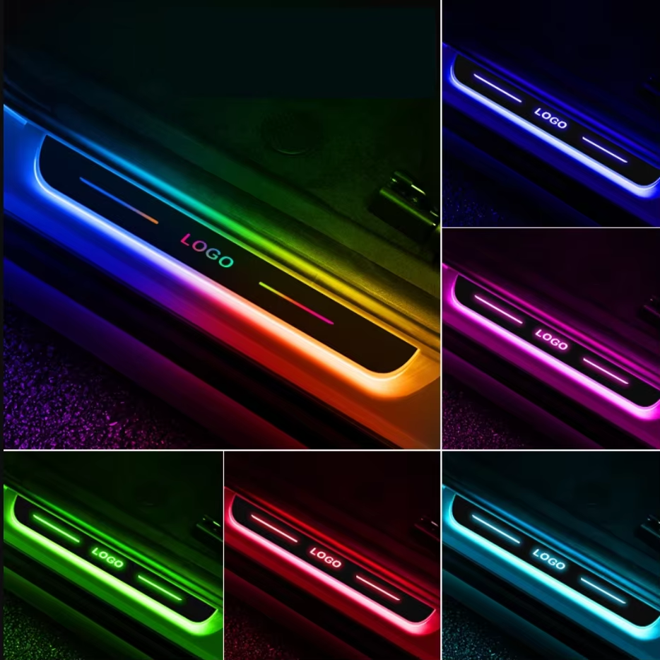 4pcs Car Door Welcome Light Wireless Rechargeable Car Door Pedal Atmosphere Light RGB Car Logo Auto Door Sill Plate Ambient Lamp