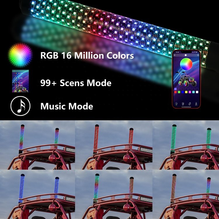 APP Remote Control Brake Turn RGB Sprial Flashing Antena LED 1FT 2FT 3FT Hyper Can Am X3 Maverick Fat Led Whip Lights for RZR