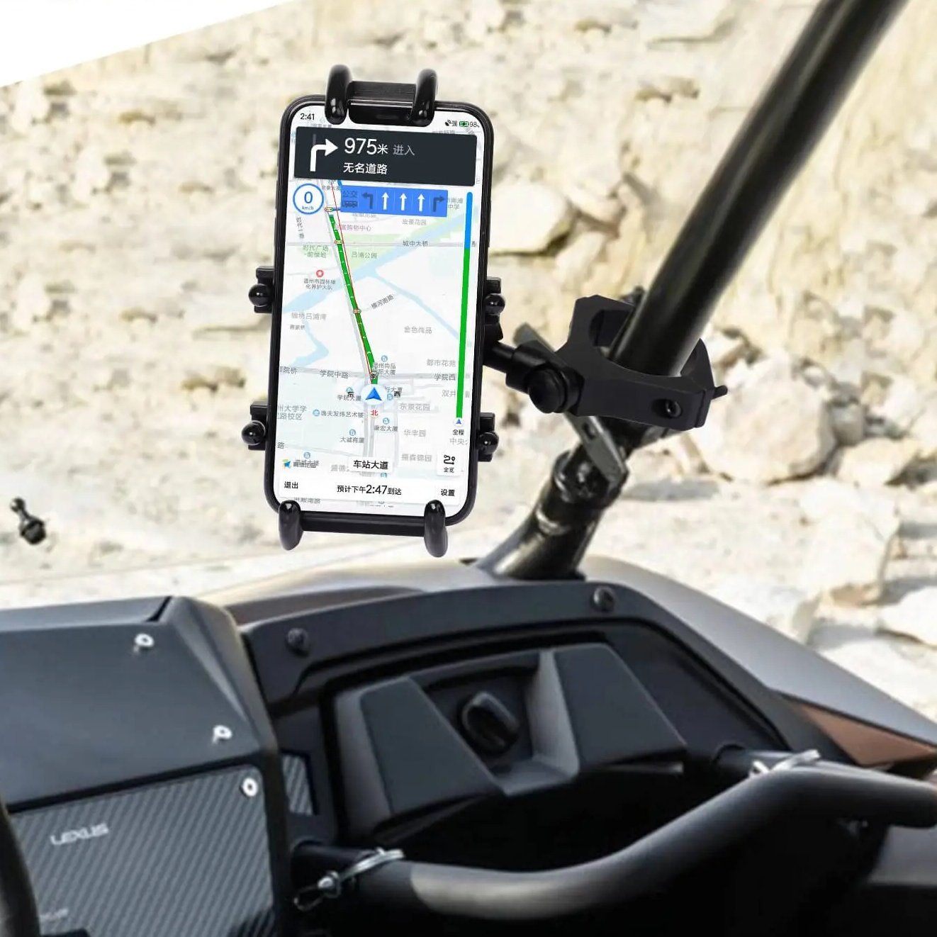 UTV Phone Mount, 360 Degree Rotation ATV Phone Holder Easily Install on 1.75 to 2 in Dia Roll Bar, One Hand Operation