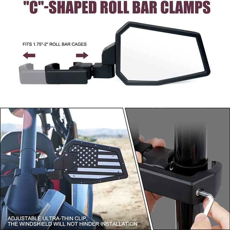 ATV UTV Off-road Side Mirror Adjustable C-clamp Side Mirror With USA Flag Fit 1.75" to 2" Round Roll Bar Cages