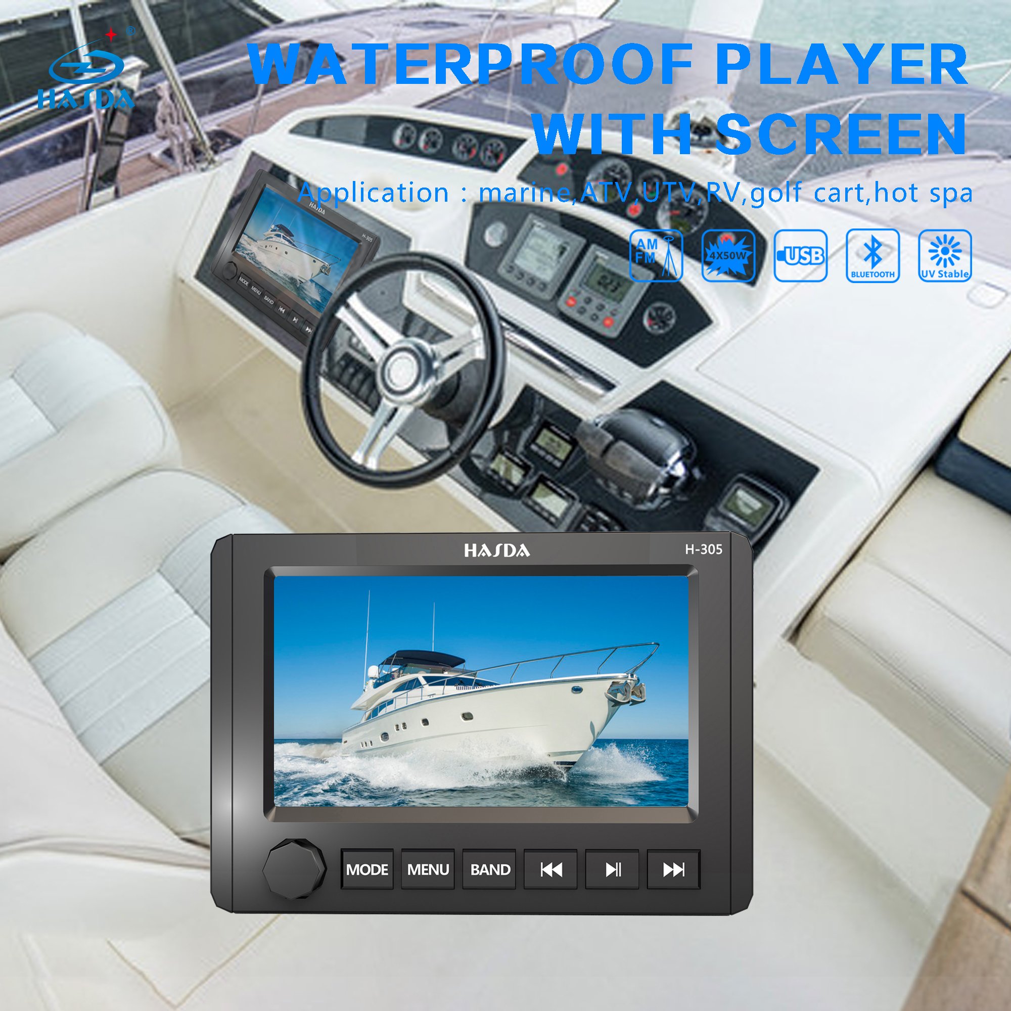 DAB 7" Touch Screen Marine Stereo Wireless Wired Apple Carplay Android Auto MP5 Player H-305 IP66 Waterproof Weather Resistant