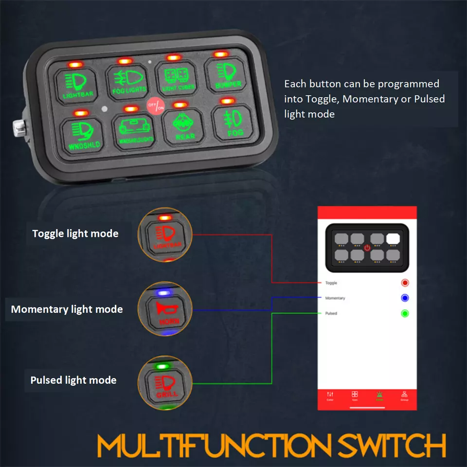 Universal Multifunction 8 Gang RGB Switch Panel W/ APP Blueteeth Controller Car ATV