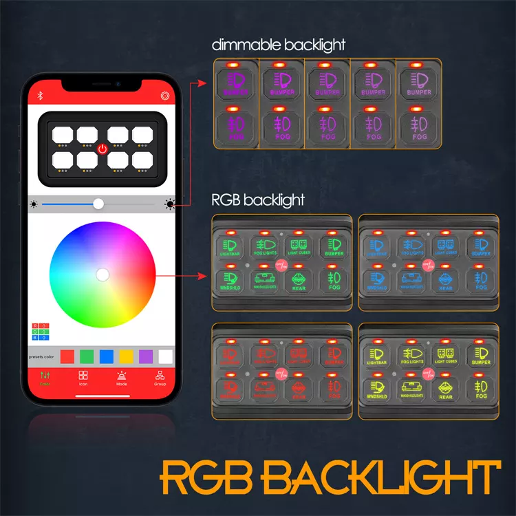 Universal Multifunction 8 Gang RGB Switch Panel W/ APP Blueteeth Controller Car ATV