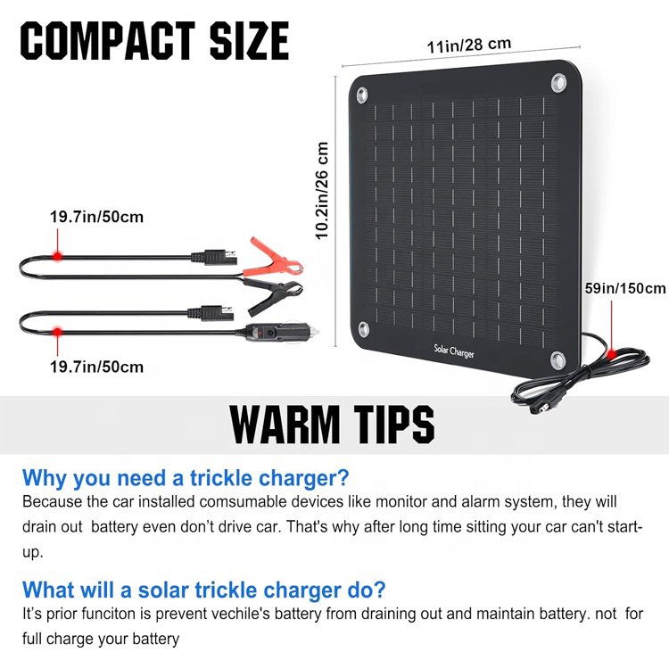 10W Solar Car Battery Charger Maintainer 12V Waterproof Solar Panel Portable Solar Trickle Charger