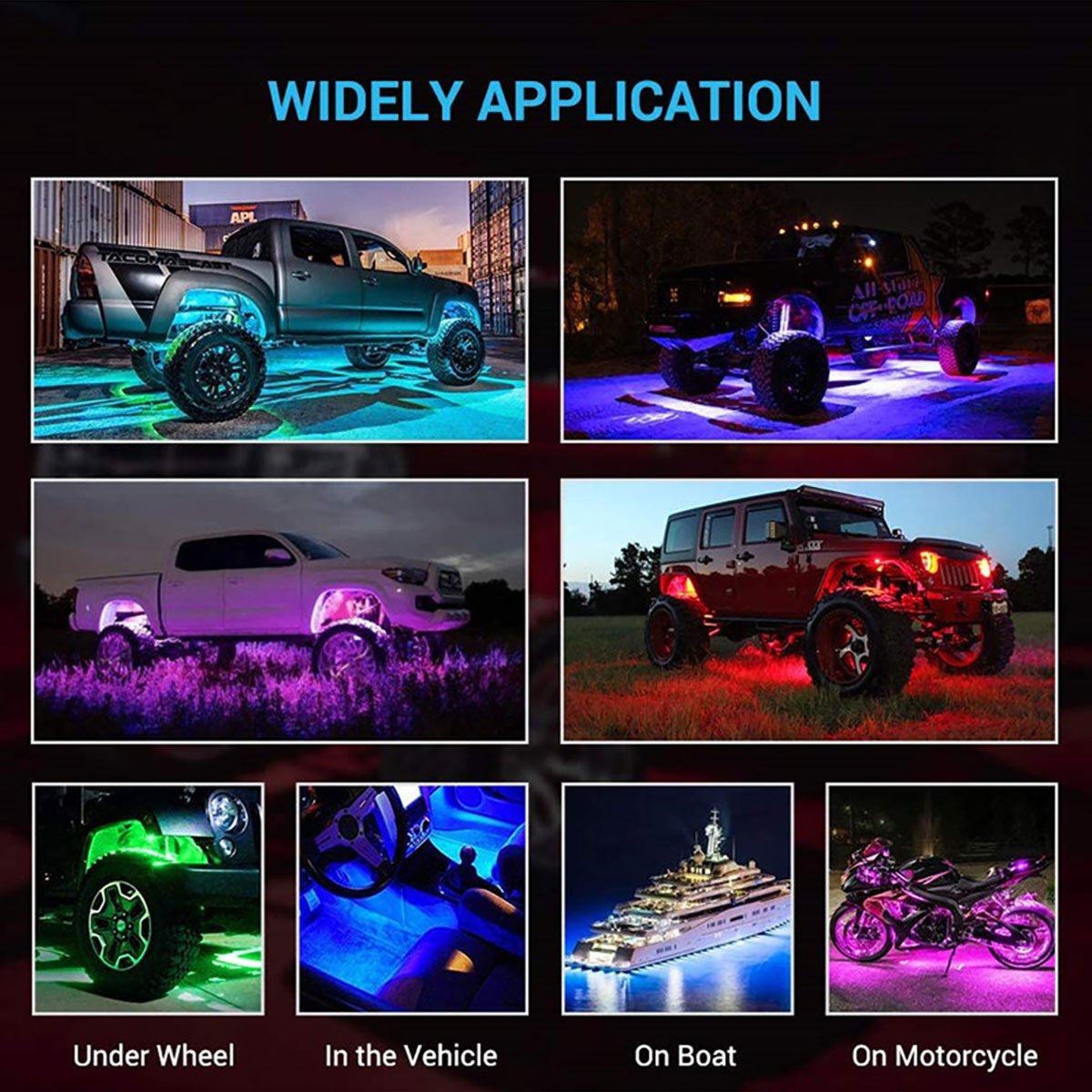 Bright Multilcolor Waterproof IP68 12V 24 Led Car LED Control Music Mode RGB LED Rock Lights for Off Road Truck UTV ATV Boat