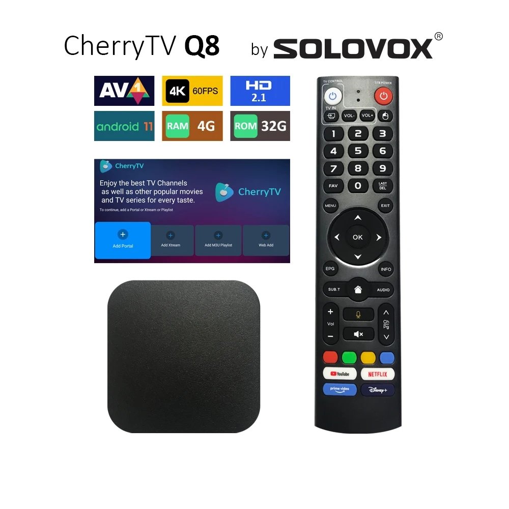 Q8 CherryTV ATV Android 11 High Performance Live TV Box 4G 32G by SOLOVOX MIMO WiFi BT5 DRM Widevine L1 S905Y4 Cherry Player