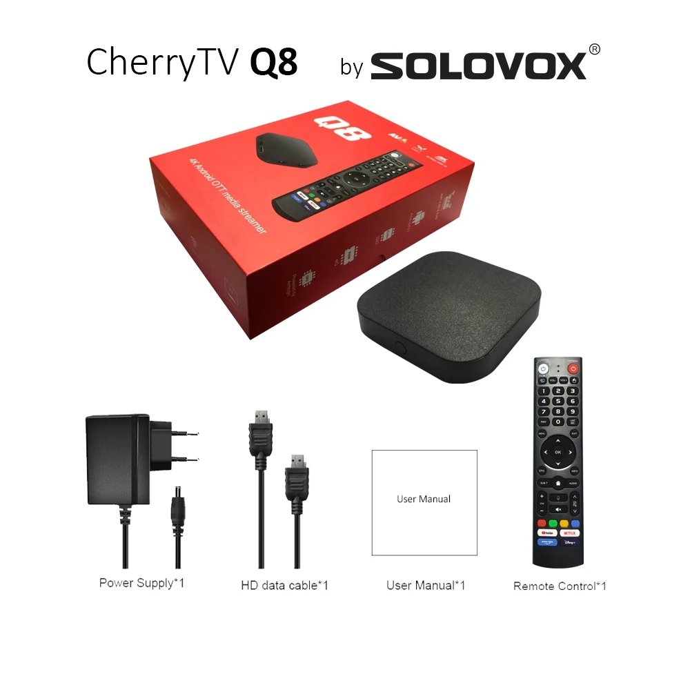 Q8 CherryTV ATV Android 11 High Performance Live TV Box 4G 32G by SOLOVOX MIMO WiFi BT5 DRM Widevine L1 S905Y4 Cherry Player