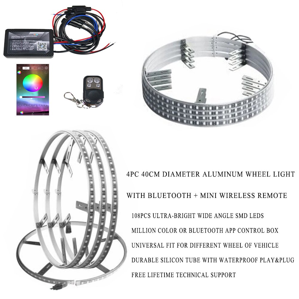 4PCS Atv Rock Led Light 17 Inch RGBW Wheel Ring Rim Tire Light Remote Control by App Truck Vehicle off Road Led Wheel Rim Light