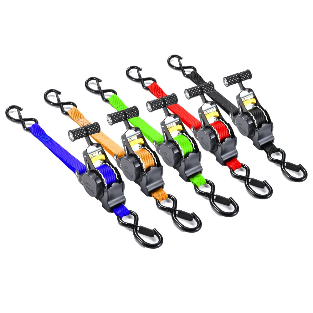 2 Pack (1"x 10' w Soft Tie) Heavy Duty Auto Retractable Ratchet Tie Down Motorcycle Straps for ATV, Boat, Securing Cargo