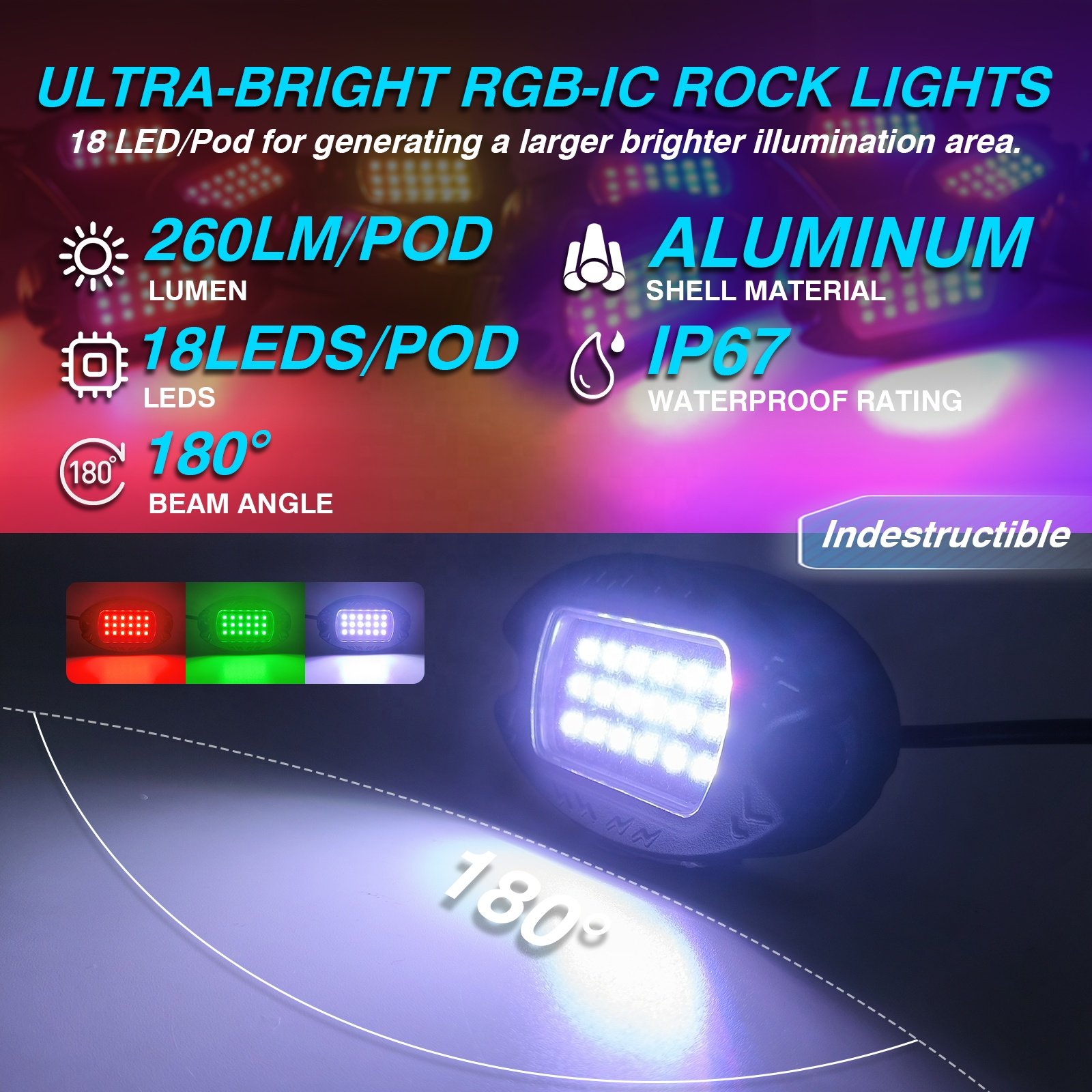 8Pods Metal DreamColor RGB LED Rock Lights for Trucks Jeep Golf Cart ATV UTV SUV Aluminum Dream Color RGB+IC Underglow Lights