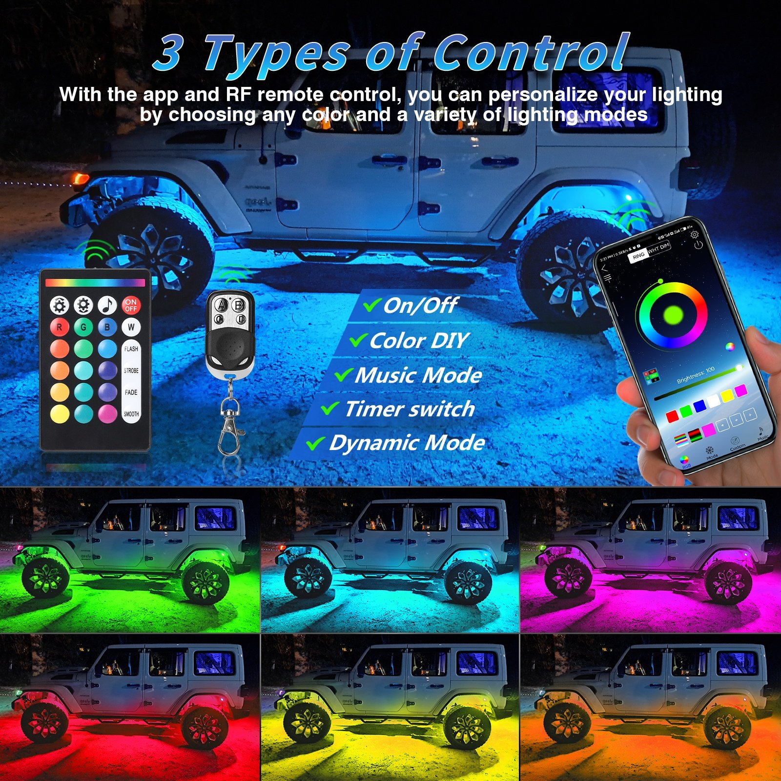 8Pods Metal RGB LED Rock Lights with APP/RF Remote Control Underglow Lights with Dual Zone for Truck Jeep Golf Cart Pickup UTV