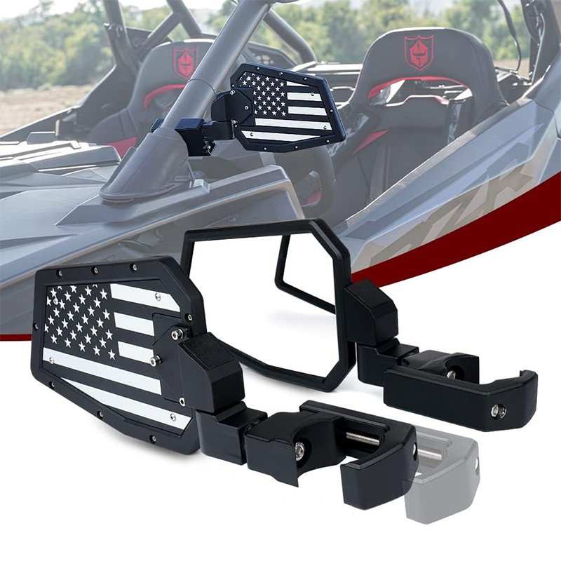 ATV UTV Offroad Side Mirror Adjustable C-clamp Side Mirror With USA Flag Fit 1.75" to 2" Round Roll Bar Cages For Can Am Polaris