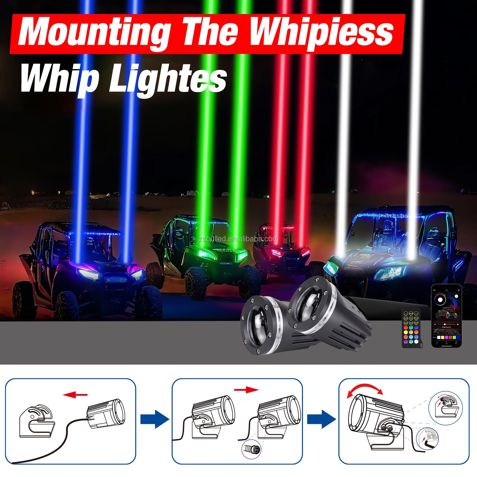 UTV Offraod RGBW Whipless Laser Whip Lights Antenna Whip Light W/ Rocker Switch Lighted Whip for Truck ATV UTV Offroad Golf Car