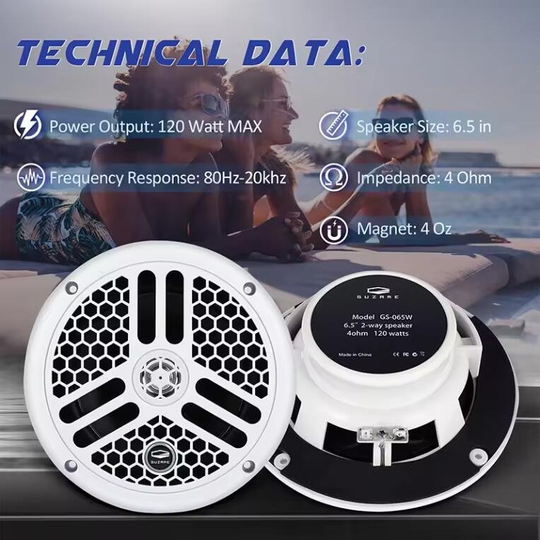 6.5 Inch Boat Stereo Speakers 2 Way White 120W Marine Speaker for Boats/ATV/UTV/SxS/Powersport