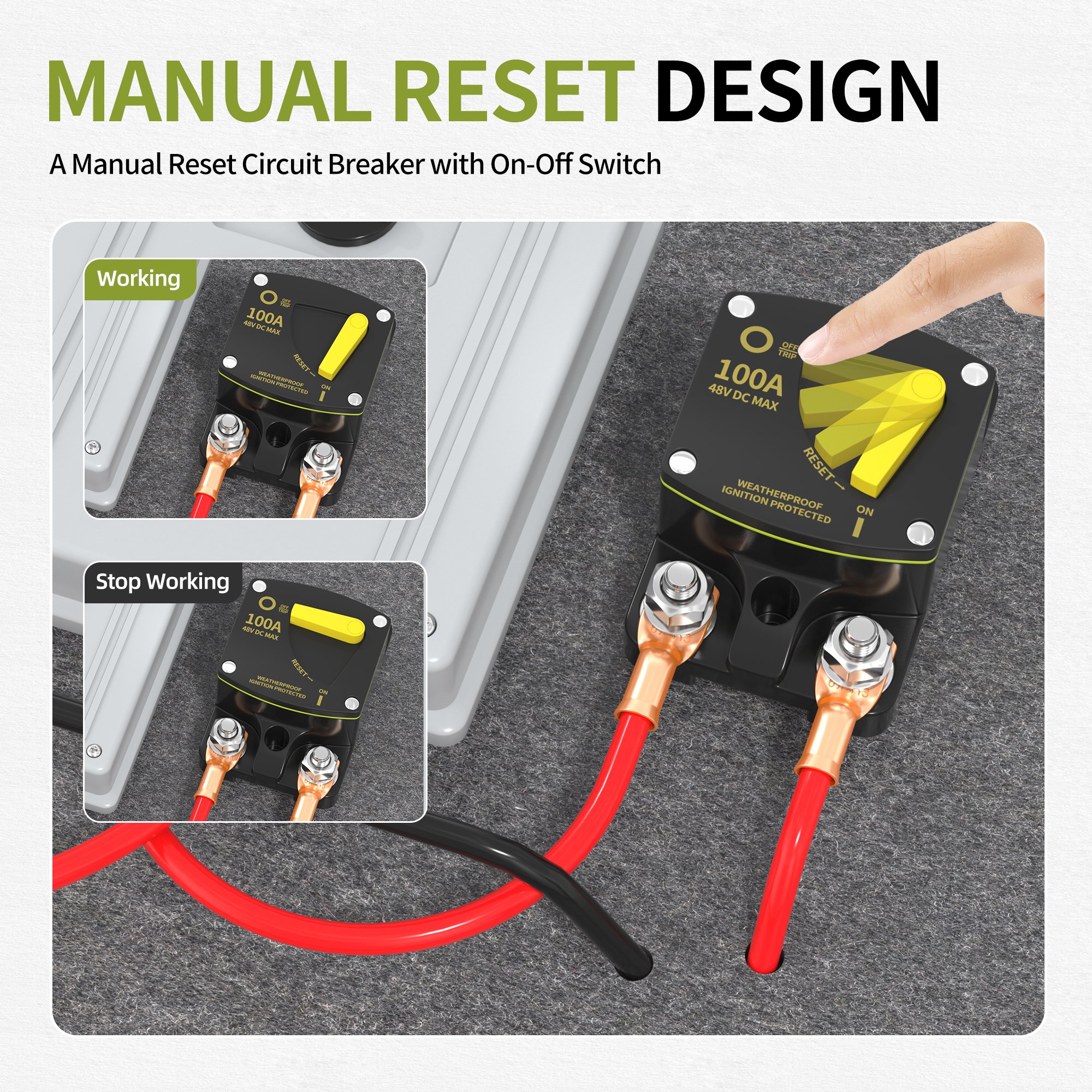 High Amp 100A Marine-Rated Circuit Breakers 2P With Manual Reset DC 12-48V Circuit Breakers for Boat ATV Trailer Solar Systems