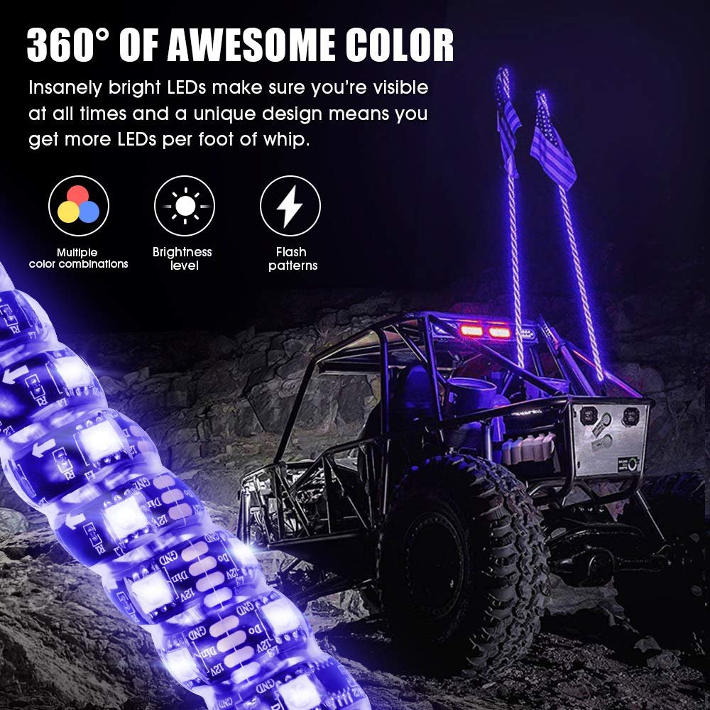 2/3/4/5/6FT LED Whip Lights for UTV ATV Spiral RGB Multi-Colors by APP & RF Remote Reverse Brake Turn Signal Lights Dynamic