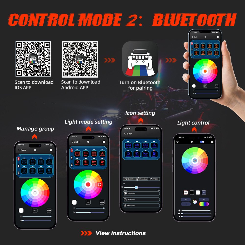 8-Gang Switch Panel with RGB and Remote Control Blue-Tooth App Control 3 Brightness Adjust for UTV ATV