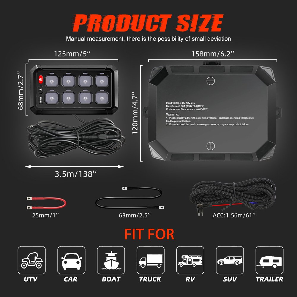 8-Gang Switch Panel with RGB and Remote Control Blue-Tooth App Control 3 Brightness Adjust for UTV ATV