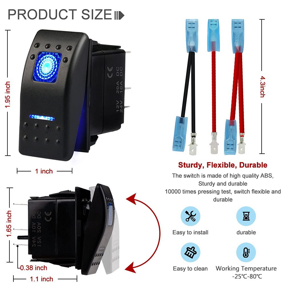 Waterproof Marine Boat 12V/20A 24V/10A Blue LED Light Rocker Switch Toggle 5 Pin SPST ON-Off Switch for Car 4x4 Boat Trucks