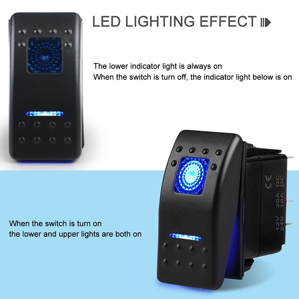 Waterproof Marine Boat 12V/20A 24V/10A Blue LED Light Rocker Switch Toggle 5 Pin SPST ON-Off Switch for Car 4x4 Boat Trucks