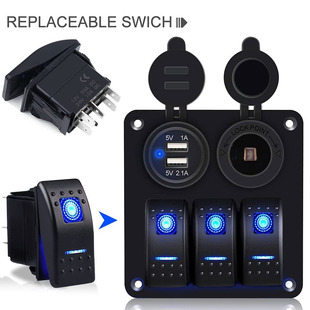 Waterproof Marine Boat 12V/20A 24V/10A Blue LED Light Rocker Switch Toggle 5 Pin SPST ON-Off Switch for Car 4x4 Boat Trucks