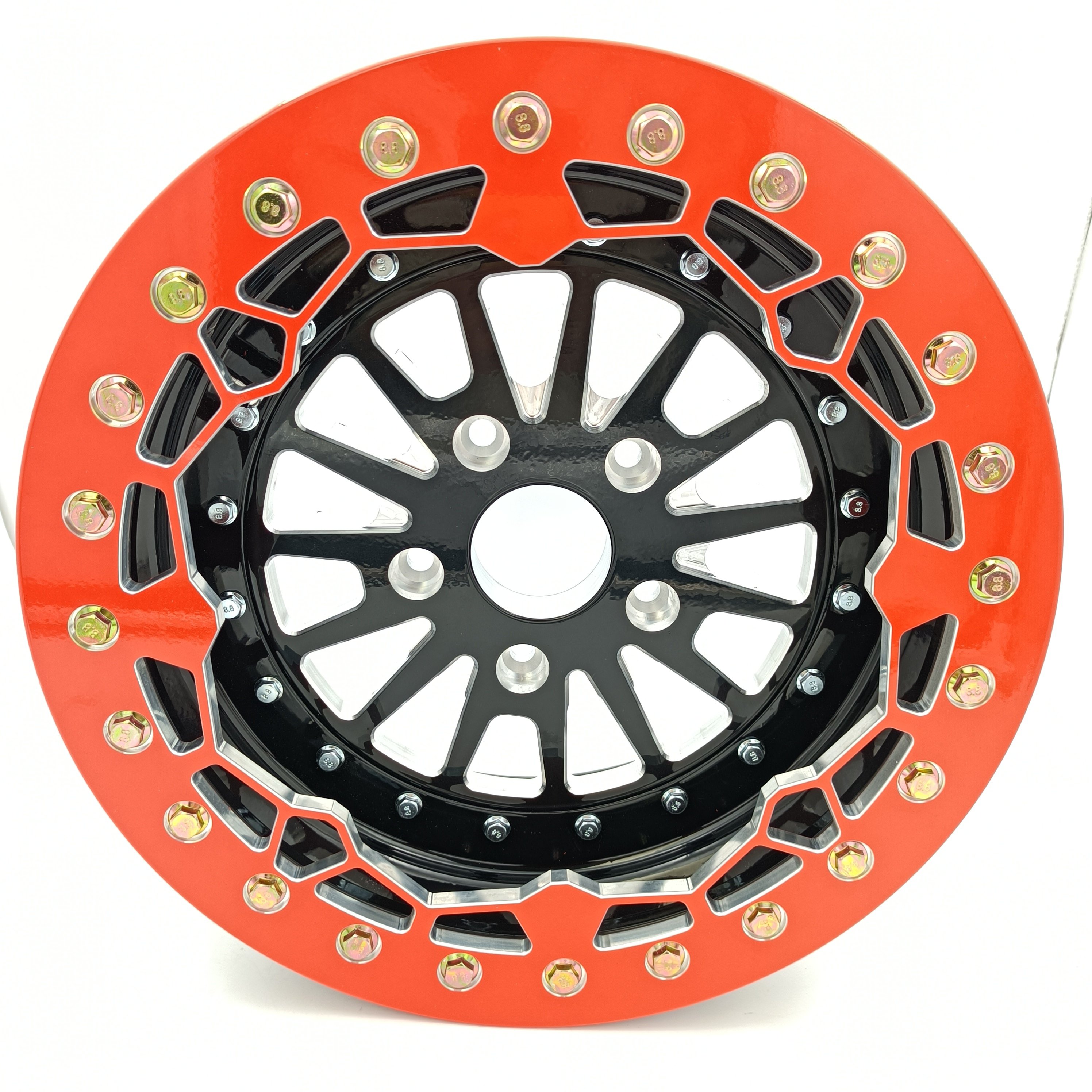 Side by Sides 4x4 ATV UTV Parts 15x7 5+2 5/114.3 UTV Wheels Rims 15inch 3 Piece Orange Beadlock Wheels for Polaris RZR Pro